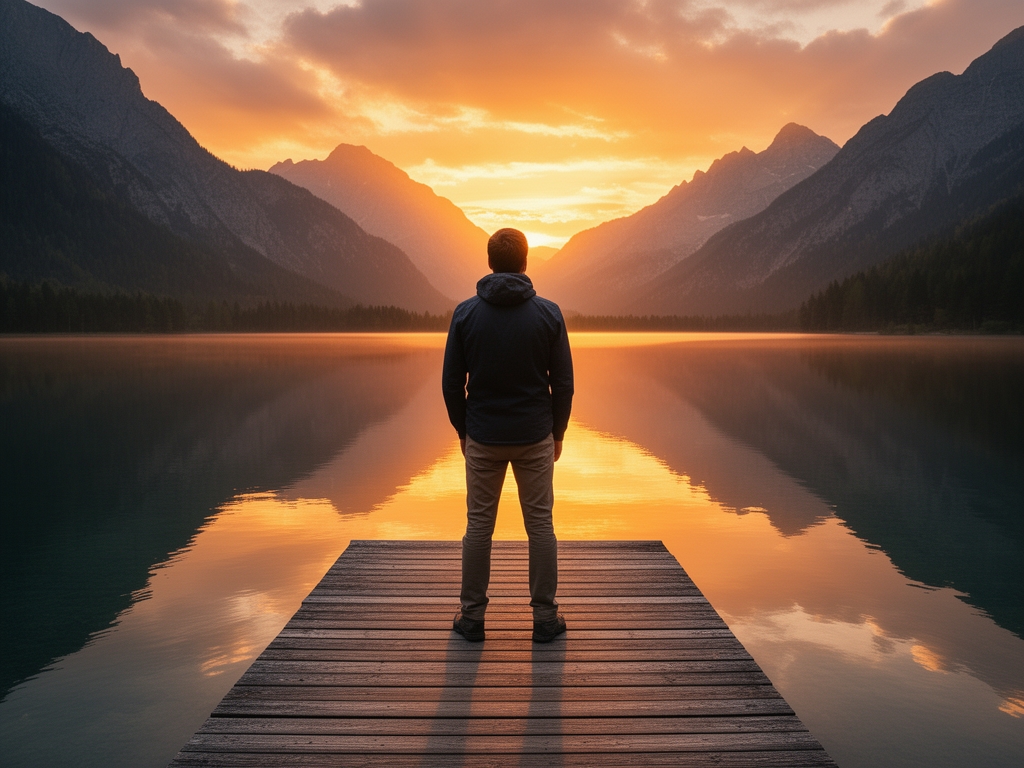 Persona in piedi su un pontile di legno che guarda un lago alpino al tramonto, riflessi dorati e arancioni sull'acqua calma, montagne coperte di foresta autunnale sullo sfondo, atmosfera di contemplazione serena