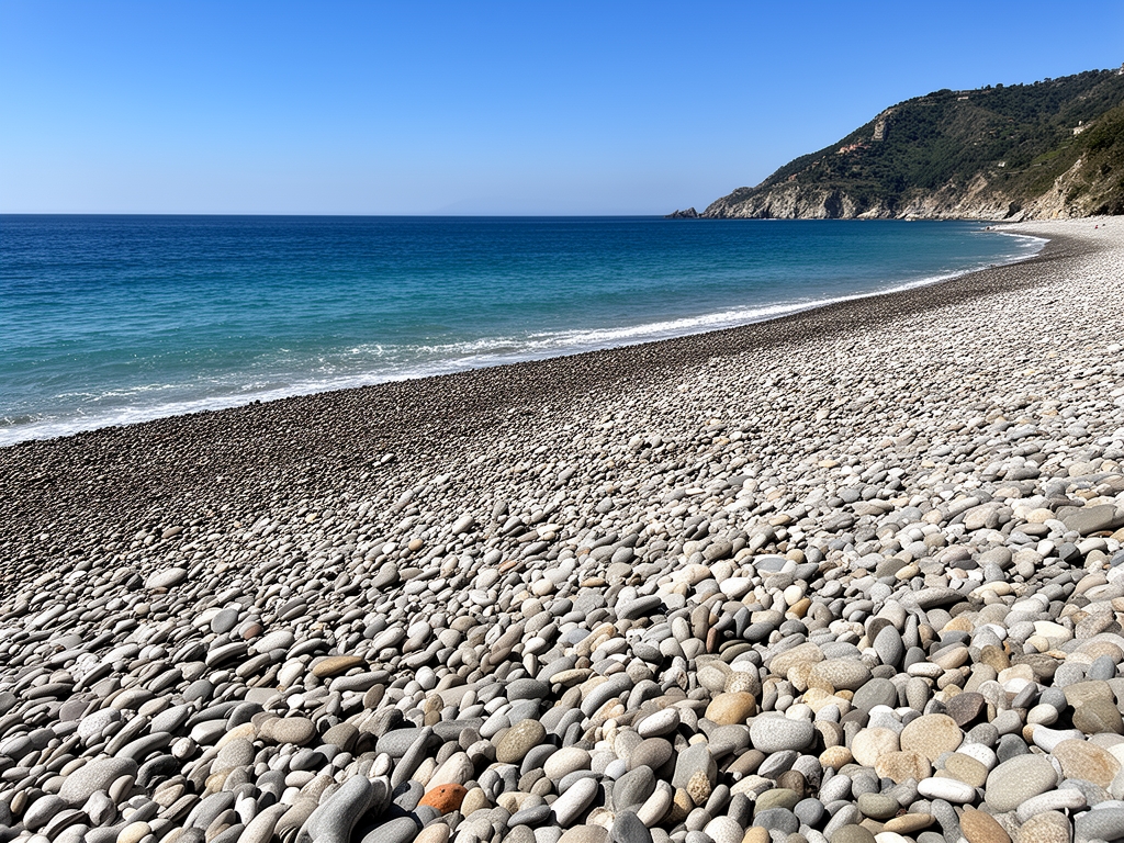 Spiaggia di ciottoli della costa ligure all'alba con mare calmo color verde smeraldo, barche da pesca colorate ormeggiate, riflessi dorati e rosa dell'alba sull'acqua, case colorate di un piccolo borgo di pescatori sullo sfondo